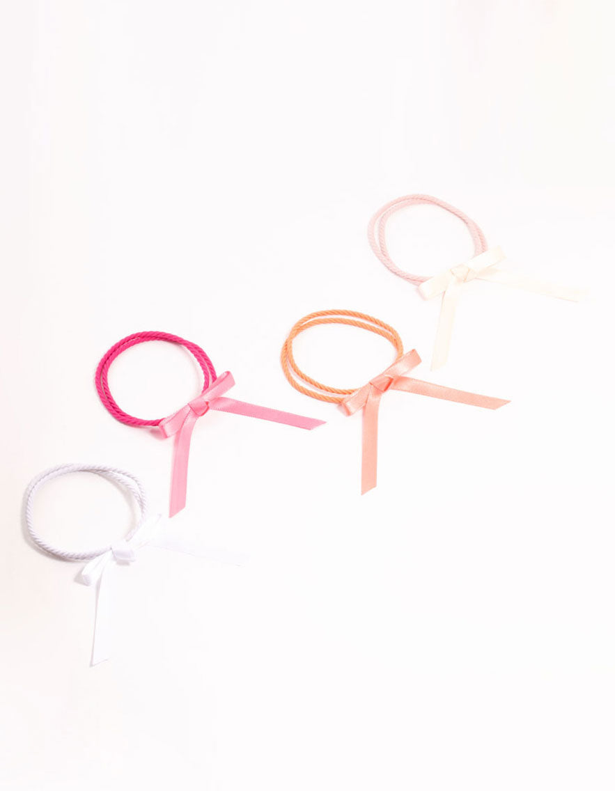 Thin Pink & White Fabric Bow Hair Ties 4-Pack