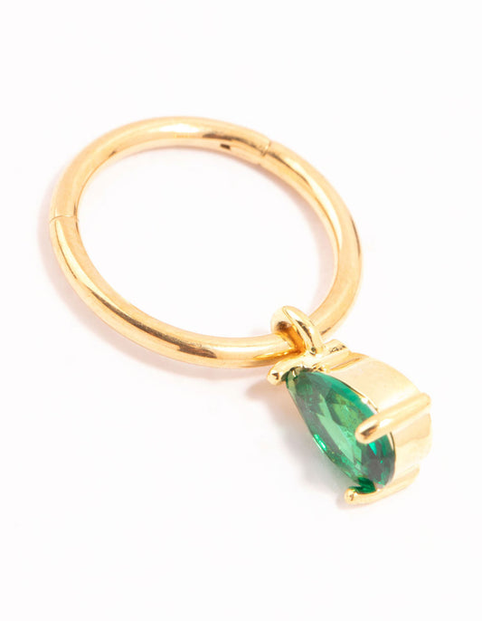 Gold Plated Surgical Steel Pear Green Diamante Drop Belly Bar