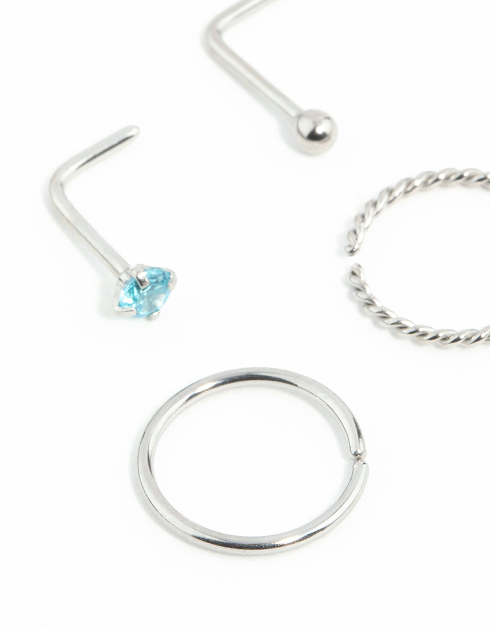 Surgical Steel Twisted Nose Rings & Cubic Zirconia Nose Stud 4-Pack