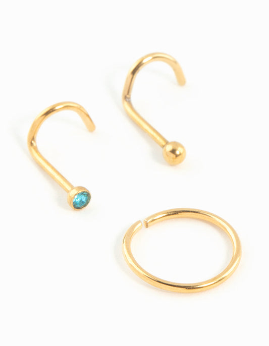 Gold Plated Surgical Steel Teal Diamante Nose Stud & Ring 3-Pack