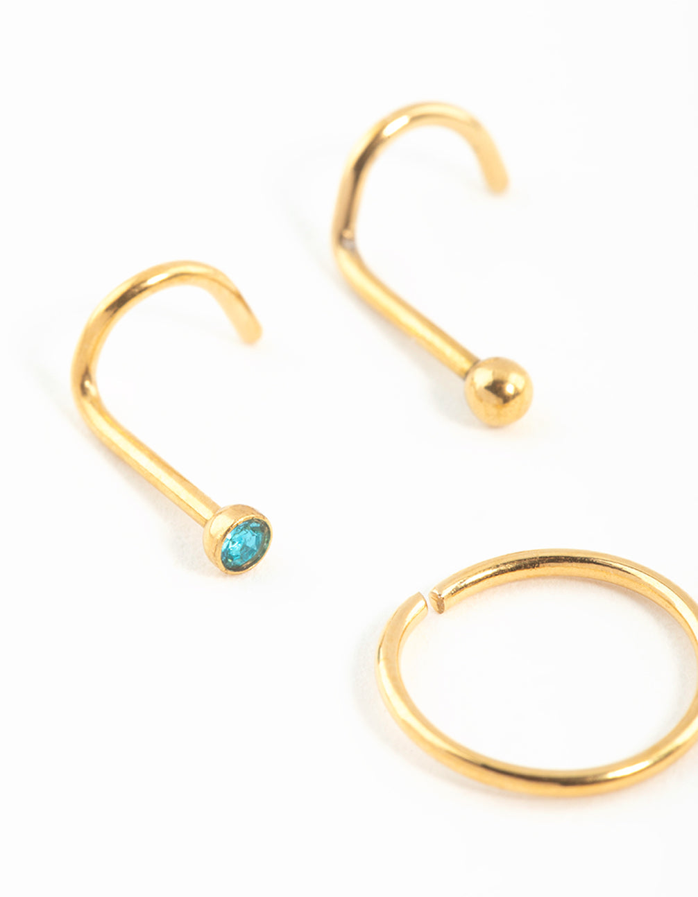 Gold Plated Surgical Steel Teal Diamante Nose Stud & Ring 3-Pack