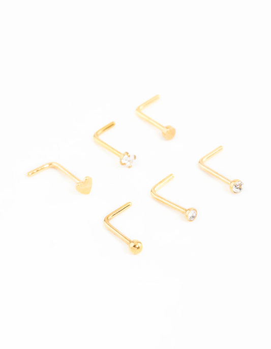 Gold Plated Surgical Steel Heart Cubic Zirconia Nose Studs 6-Pack