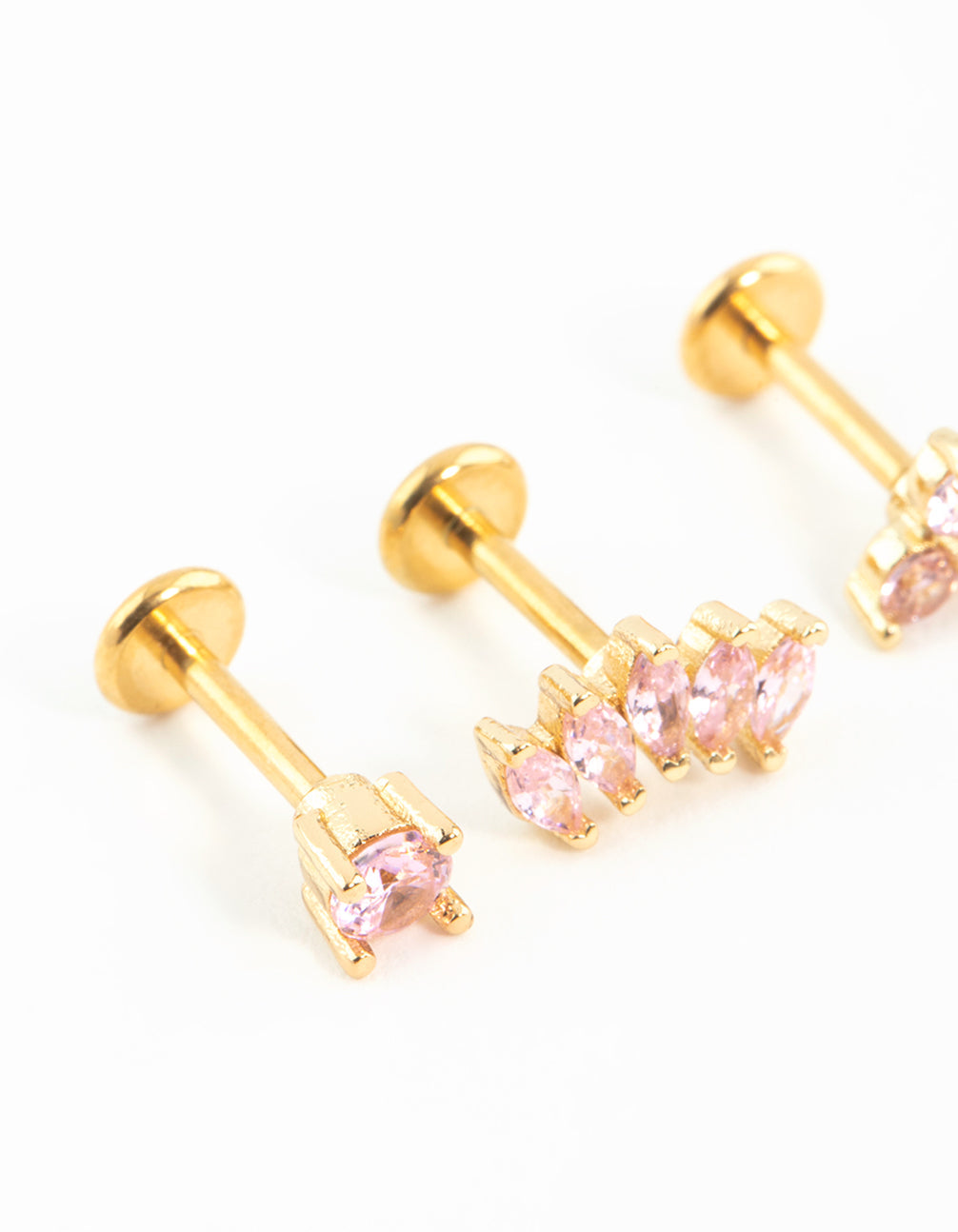 Gold Plated Surgical Steel Pink Cubic Zirconia Flower & Fan Flat Backs 3-Pack