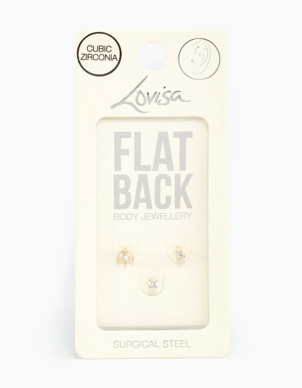 Gold Plated Surgical Steel Double Cubic Zirconia Flat Backs 3-Pack
