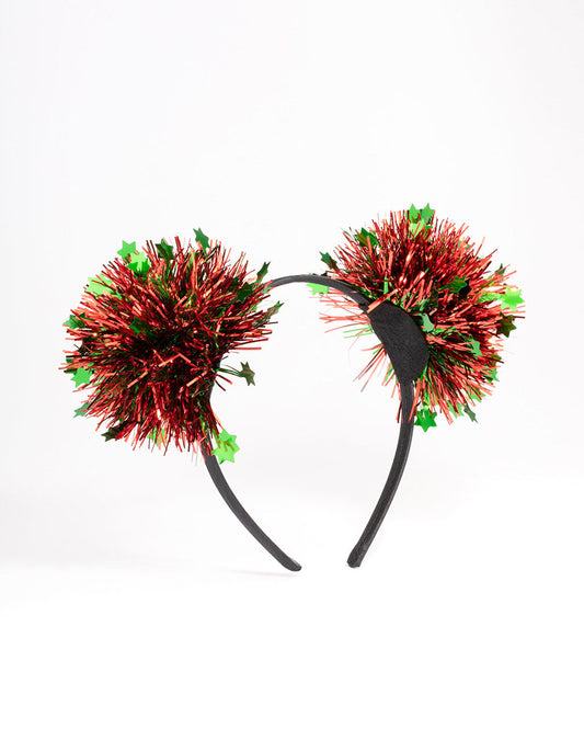 Green & Red Tinsel Pom Pom Headband