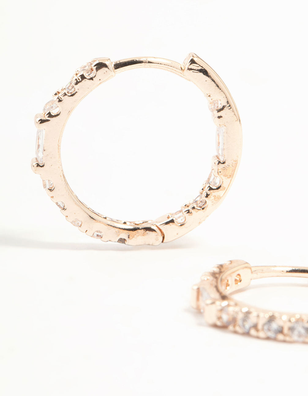 Rose Gold Plated Baguette Pave Diamante Hoop Earrings