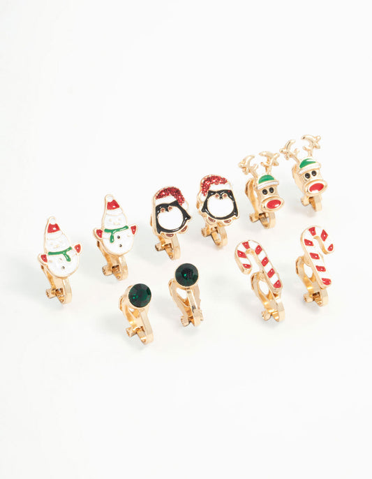 Kids Penguin & Candy Cane Clip On Gold Earrings 5-Pack