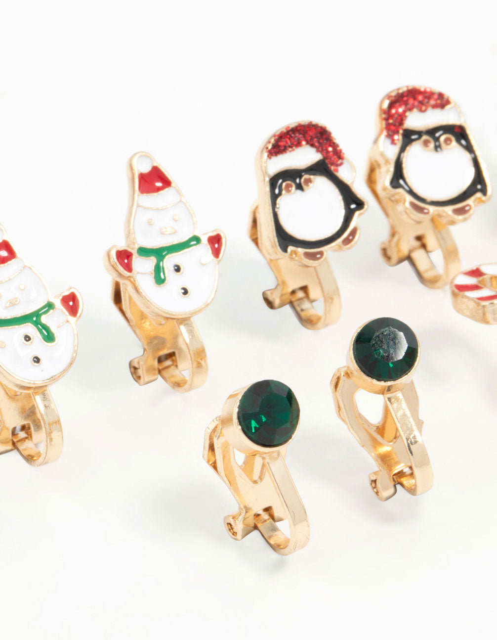 Kids Penguin & Candy Cane Clip On Gold Earrings 5-Pack