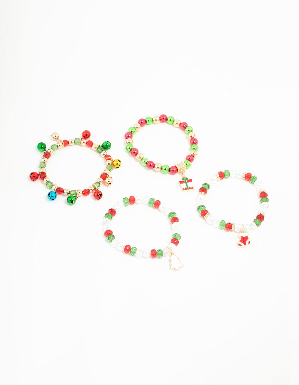 Kids Beaded Jingle Bells Stretched Charm Bracelets 4-Pack