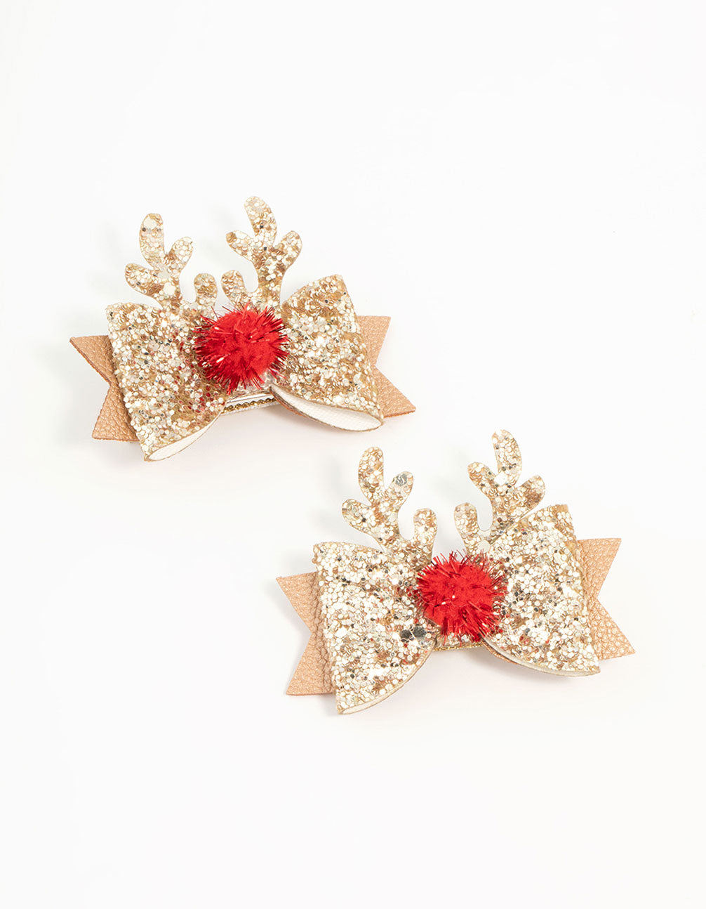 Kids Diamante Reindeer Gold Clips 2-Pack