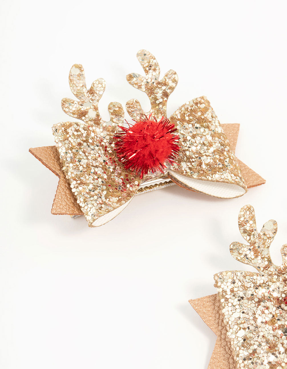 Kids Diamante Reindeer Gold Clips 2-Pack