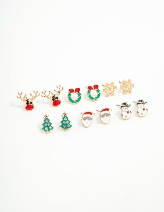 Kids Snowman & Reindeer Stud Earrings 6-Pack