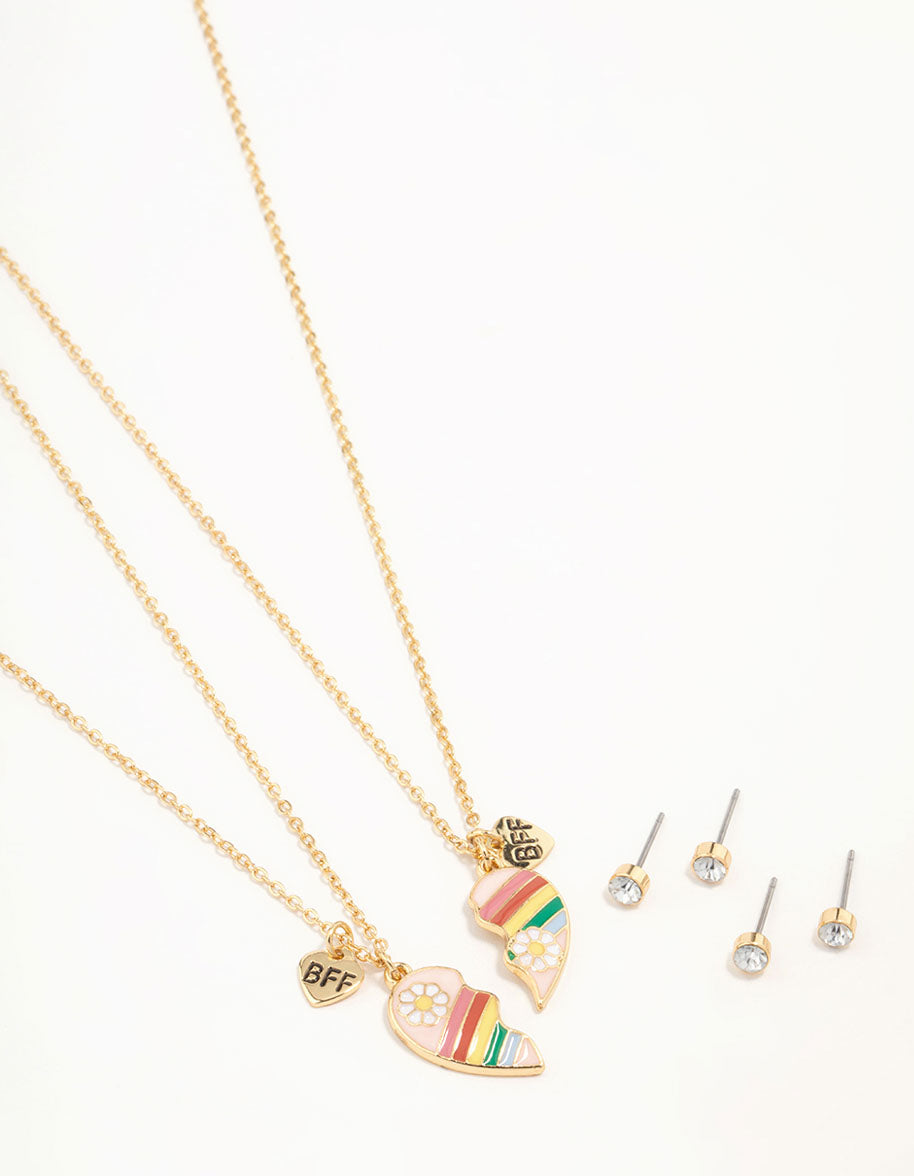Kids BFF Heart Necklaces & Diamante Stud Earrings Gold Set