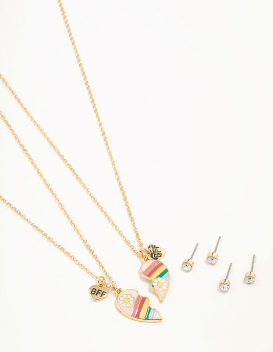 Kids BFF Heart Necklaces & Diamante Stud Earrings Gold Set