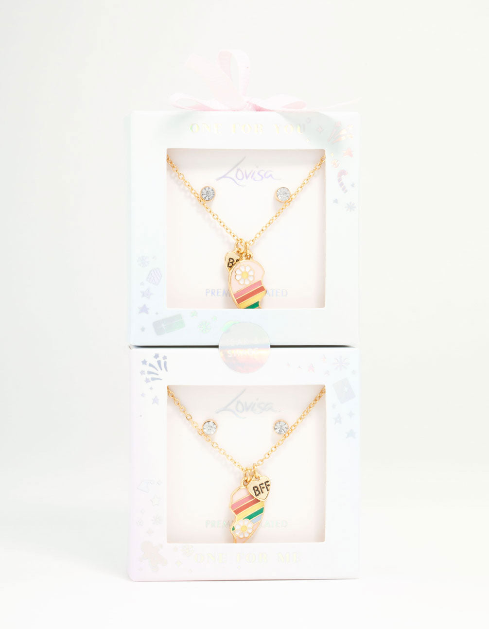 Kids BFF Heart Necklaces & Diamante Stud Earrings Gold Set