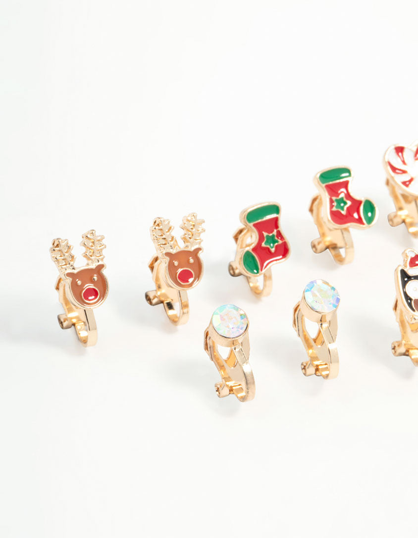 Kids Gold Festive Stacking Clip Earrings 5-Pack