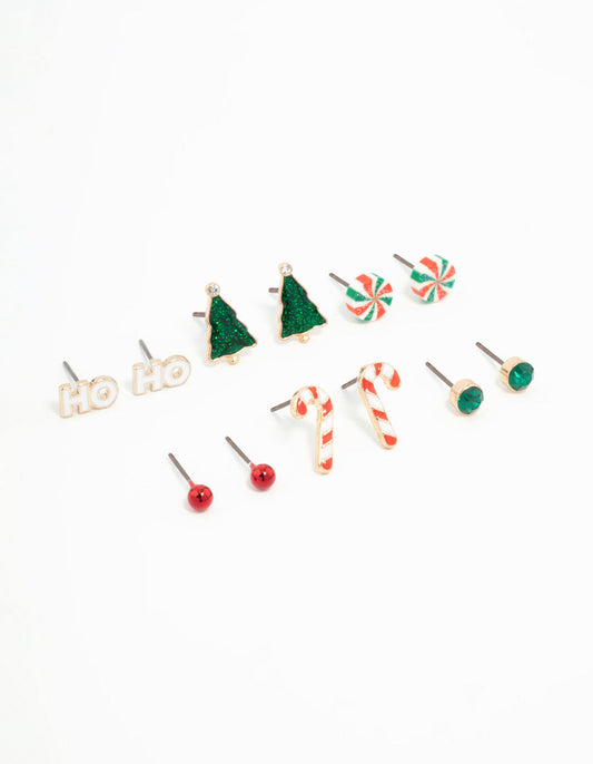 Kids Festive Ho Ho & Candy Cane Stud Earrings 6-Pack