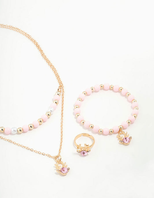 Kids Festive Diamante Reindeer Necklace, Bracelet & Ring Set