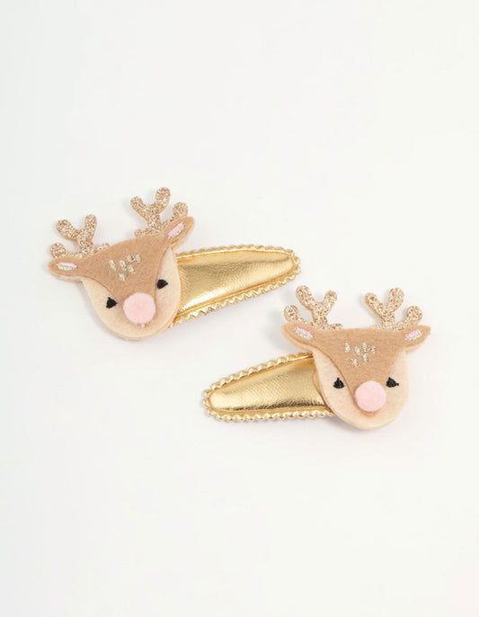 Kids Fabric Reindeer Gold Snap Clips 2-Pack