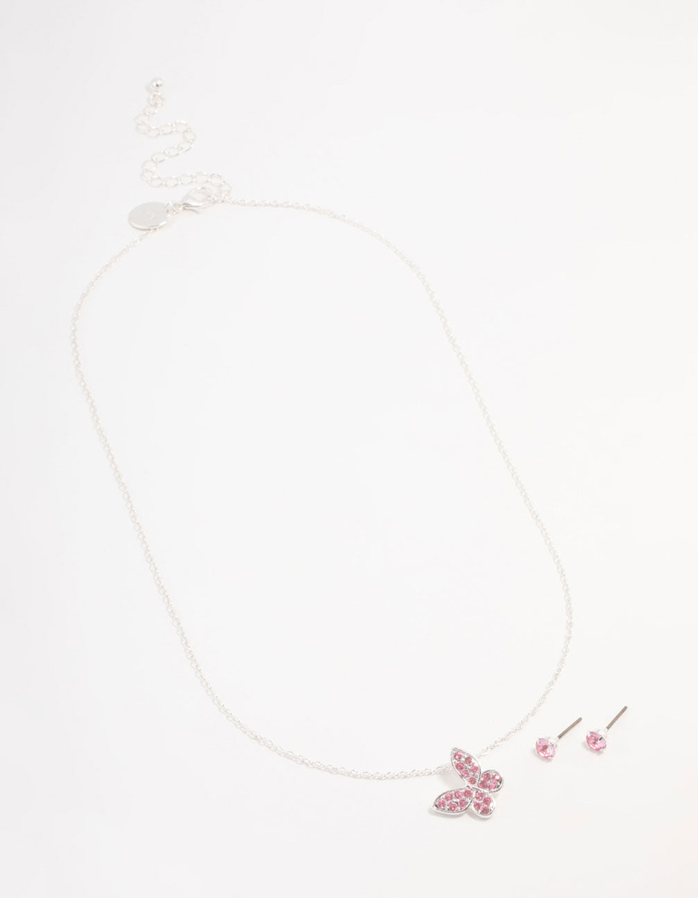 Pink Diamante Butterfly Necklace & Stud Earrings Silver Set