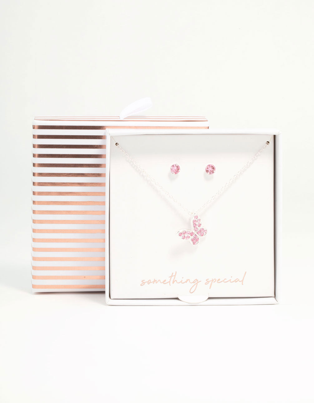 Pink Diamante Butterfly Necklace & Stud Earrings Silver Set