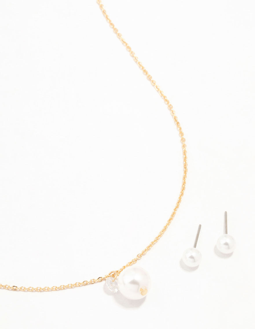 Gold Pearl Diamante Necklace & Stud Earrings Set
