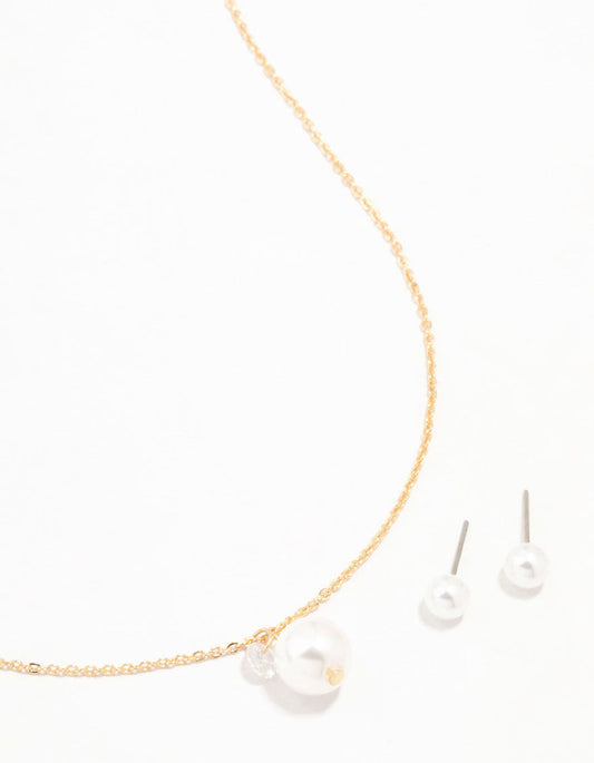 Gold Pearl Diamante Necklace & Stud Earrings Set