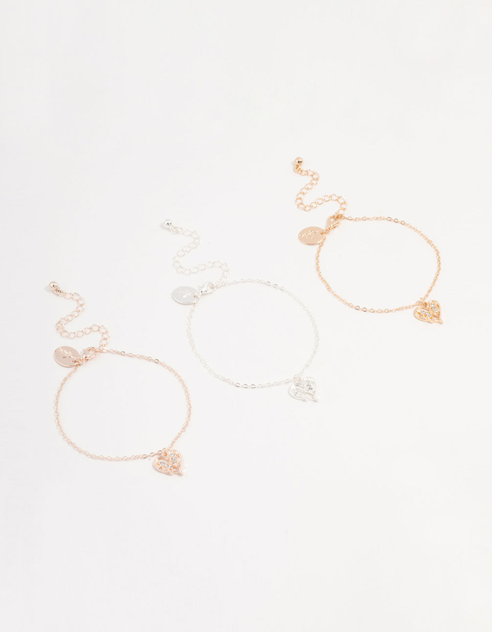 Mixed Metals Diamante Heart Bracelets 3-Pack