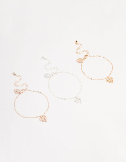 Mixed Metals Diamante Heart Bracelets 3-Pack