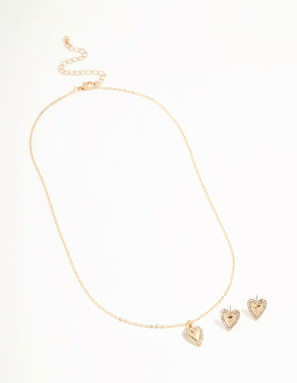 Gold Diamante Heart Edge Necklace & Stud Earrings