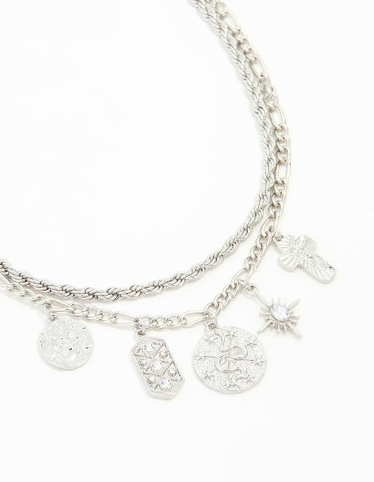 Silver Textured & Diamante Charm Layered Necklace