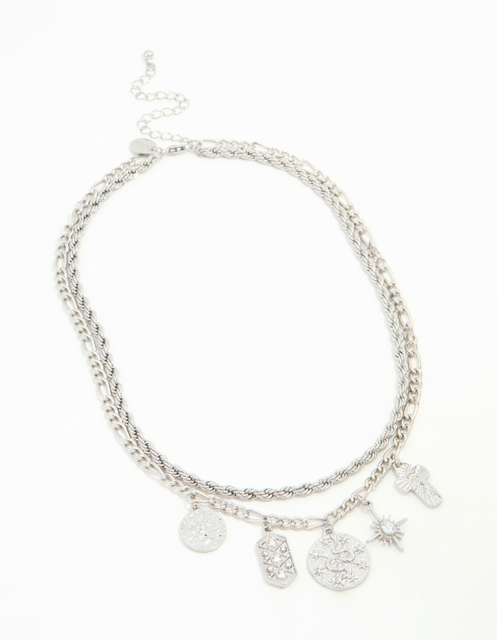 Silver Textured & Diamante Charm Layered Necklace