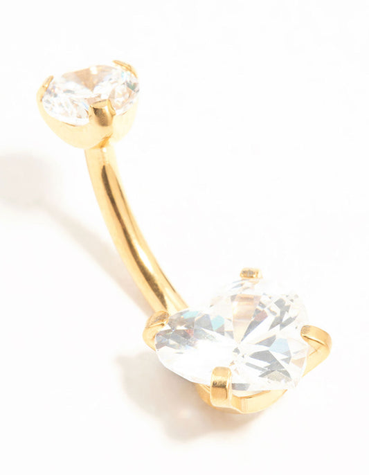 Gold Plated Titanium Diamante Love Heart Claw Belly Bar