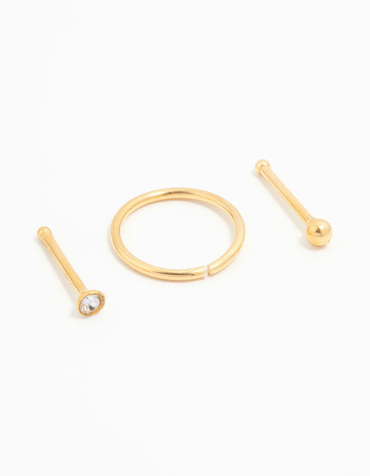 Gold Plated Titanium Ball & Diamante Nose Stud & Ring 3-Pack