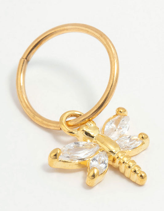 Gold Plated Titanium Cubic Zirconia Dragonfly Clicker Ring