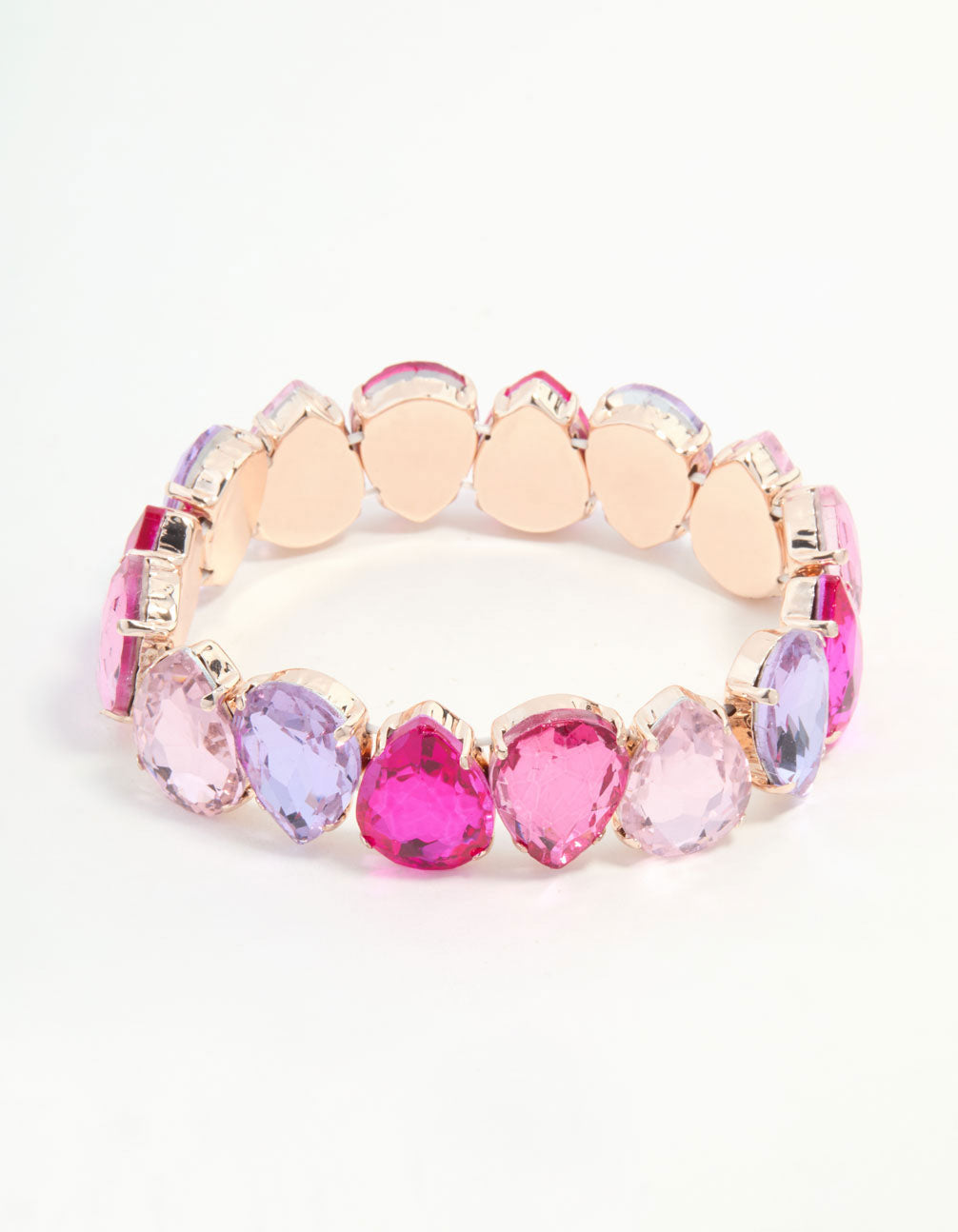 Rose Gold Pink & Purple Pear Shaped Diamante Stretch Bracelet