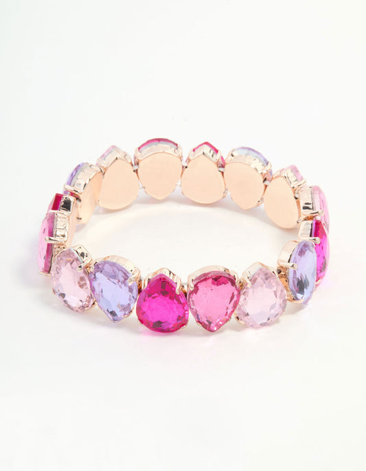 Rose Gold Pink & Purple Pear Shaped Diamante Stretch Bracelet