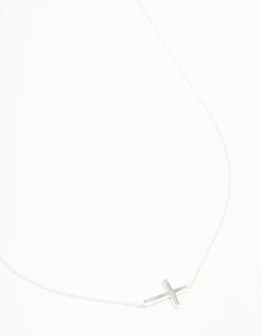 Sterling Silver Large Horizontal Cubic Zirconia Cross Necklace