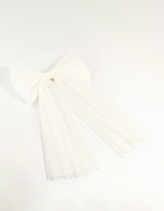 White Tulle Fabric Bow Clip