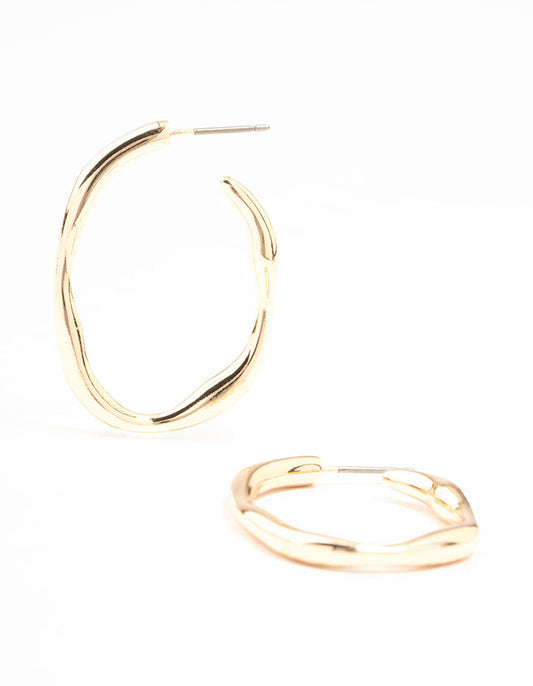 Medium Gold Warped Fine Hoop Earrings