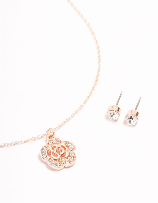 Rose Gold Diamante Necklace & Stud Earrings Set