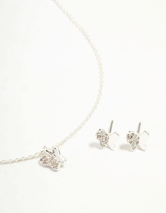 Silver Plated  Diamante Butterfly Necklace & Stud Earrings Set