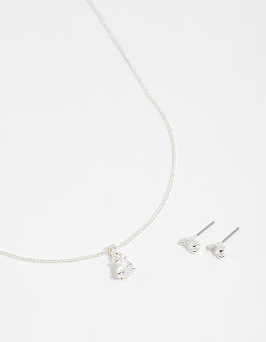 Silver Pear Diamante Necklace & Stud Earrings Set