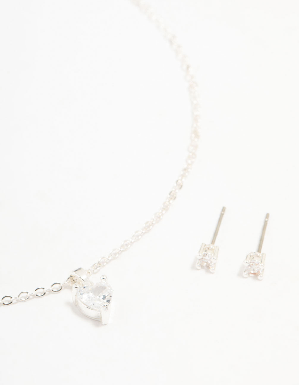 Silver Plated Cubic Zirconia Heart Necklace & Stud Earrings Set