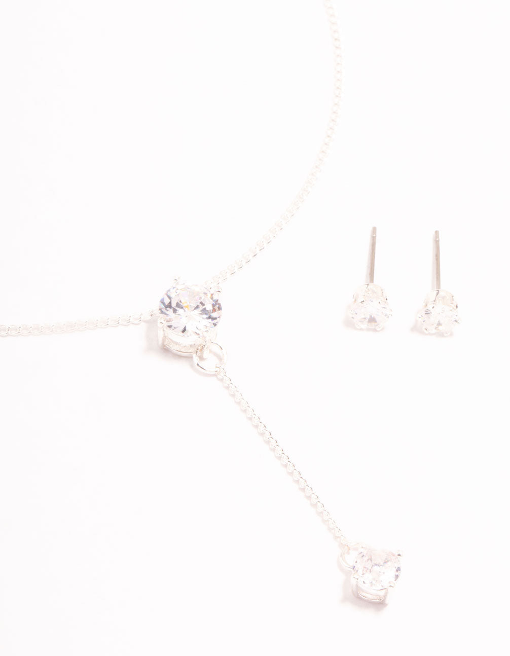 Silver Diamante Y-Necklace & Stud Earrings Set