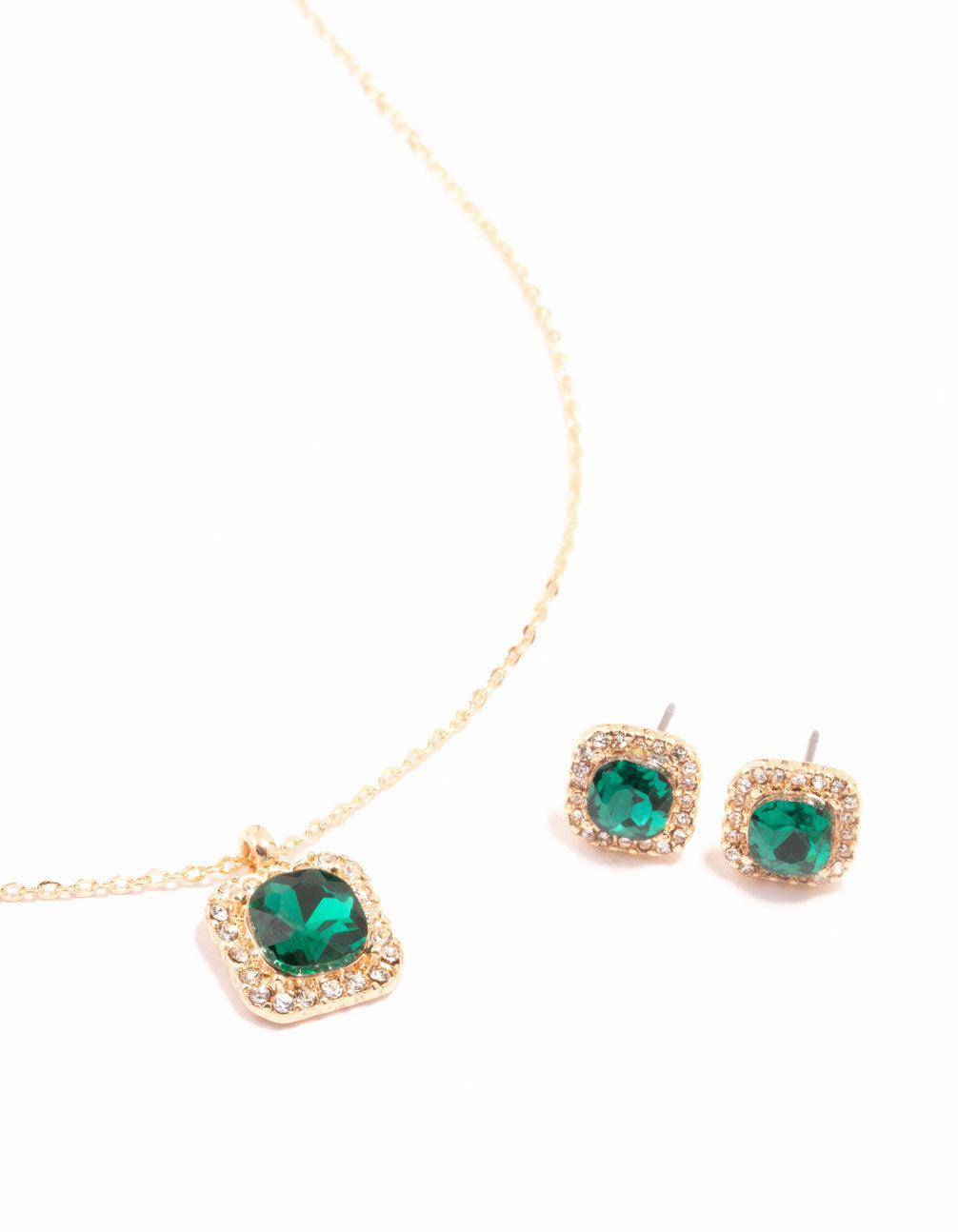 Green Diamante Square Halo Gold Necklace & Stud Earrings Set