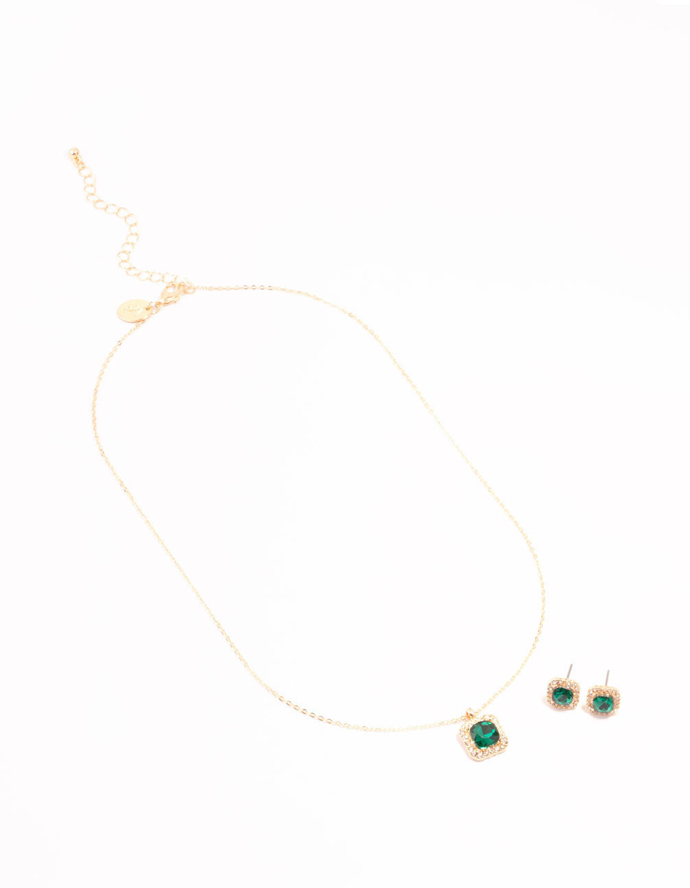 Green Diamante Square Halo Gold Necklace & Stud Earrings Set