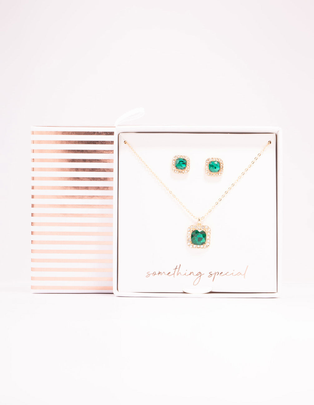 Green Diamante Square Halo Gold Necklace & Stud Earrings Set