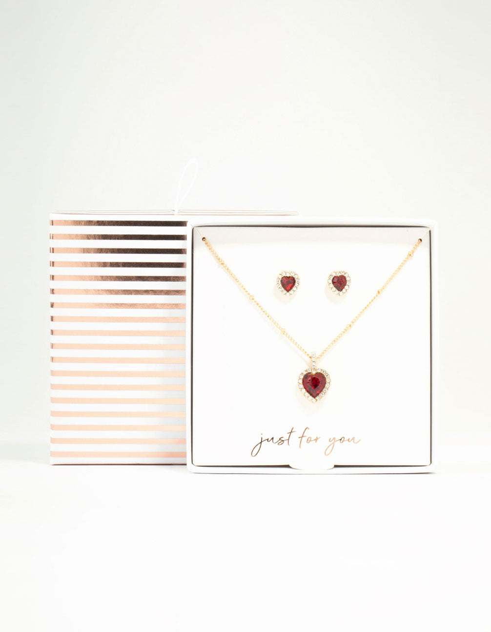 Gold Red Diamante Heart Necklace & Stud Earrings Set