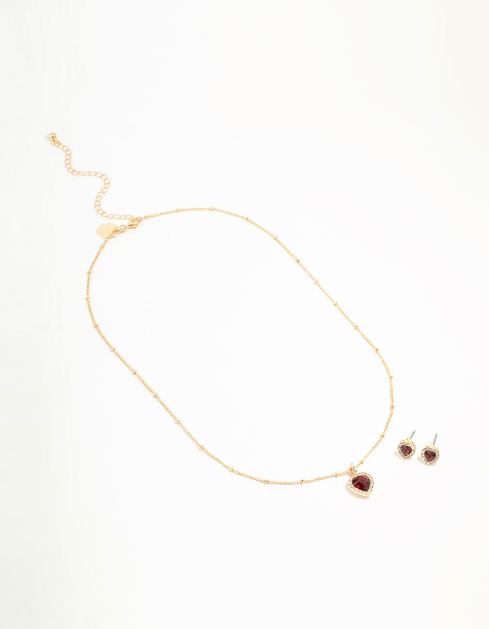 Gold Red Diamante Heart Necklace & Stud Earrings Set